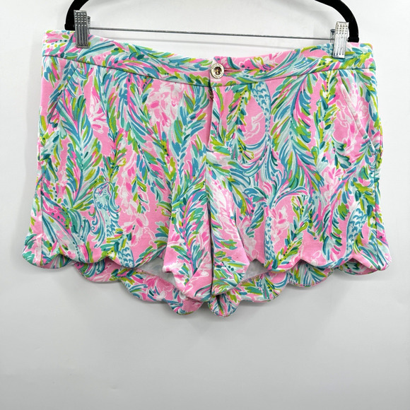 Lilly Pulitzer Buttercup Scallop Hem Shorts Sz 14 Pink Green Stretch Tropical - Picture 1 of 11